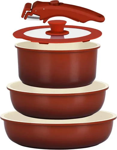 GiPP Juego de 5 piezas de ollas y sartenes antiadherentes, juego de utensilios de cocina antiadherentes con mango desmontable, ollas de cerámica