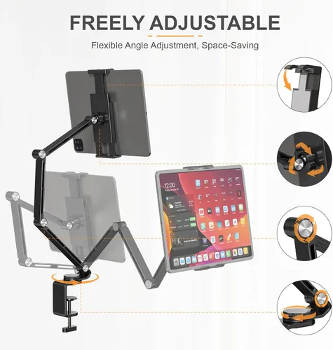 Miniatura 3 de Houele Soporte para Tableta, Brazo Plegable Ajustable para Tableta iPad Soporte de Escritorio con Base Giratoria de 360°, Soporte para Teléfono