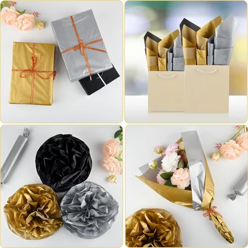 Miniatura 5 de NEBURORA 60 hojas de papel de seda metálico negro dorado plateado a granel para bolsas de regalo, papel de arte para bricolaje, graduación