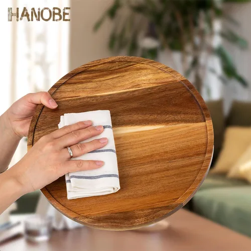 Miniatura 4 de Hanobe Bandeja de madera Lazy Susan: mesa giratoria redonda de madera de acacia bandejas decorativas para mesa de centro de mesa de centro de mesa