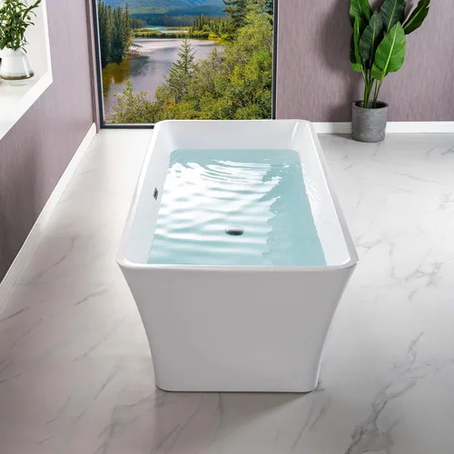 Miniatura 4 de WOODBRIDGE BTA1509 - Bañera independiente de acrílico de 59 pulgadas, bañera blanca de remojo contemporáneo con desbordamiento y drenaje de níquel