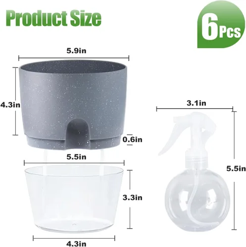 Miniatura 2 de Oliz - Macetas de 6 pulgadas con riego automático para plantas de interior, juego de 6 macetas de plástico gris con agujeros de drenaje