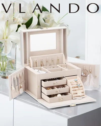 Miniatura 65 de Vlando Joyero de piel sintética, organizador mediano de joyería, regalo vintage para mujer, patrón de cruz rosa