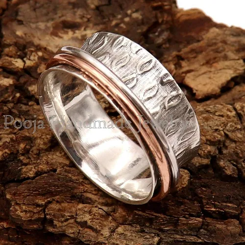 Miniatura 3 de 925 Sterling Silver Spinner Ring for Women, Mix Metal Meditation Rings, Handmade Anxiety Fidget Ring, Wide Band Thumb Ring, Everyday Gift Jewelry