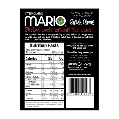 Miniatura 2 de Mario Camacho Alimentos Aceitunas sin hueso, aceituna Kalamata con un toque de tomillo, 1,05 oz (paquete de 12 unidades)