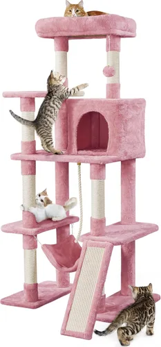 Miniatura 11 de Topeakmart Árbol para gatos de 63 pulgadas, mueble grande de torre para gatos con condominio para gatos, plataforma acolchada y poste rascador