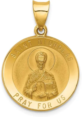Sólido 14K Amarillo Oro Pulido y Satén St Nicholas Medalla Colgante Altura de 21mm x 19mm de ancho
