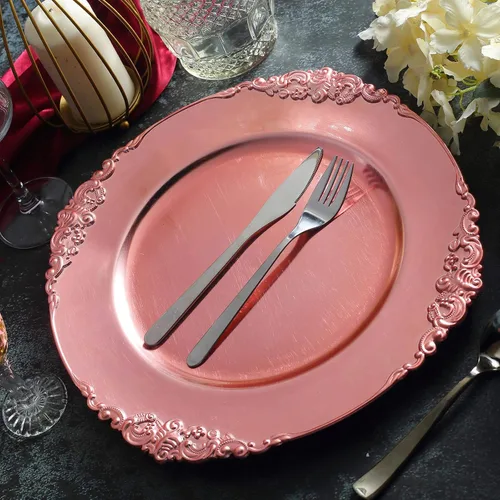 Miniatura 18 de Tableclothsfactory Paquete de 6 platos barrocos redondos de oro transparente de 13 pulgadas, borde en relieve de hojas para decoración de mesa