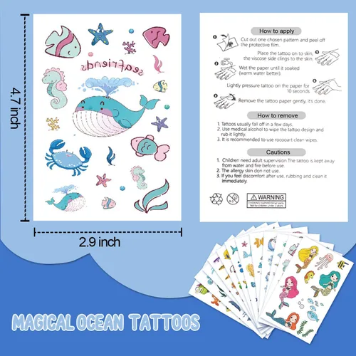 Miniatura 6 de 200 tatuajes temporales con temática oceánica para niños, decoración de piscina de playa bajo el mar, suministros de fiesta de cumpleaños, tatuajes