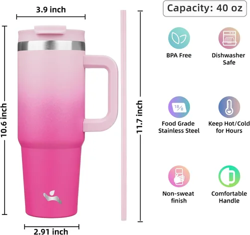 Miniatura 4 de Konokyo - Vaso de 40 onzas con asa y 2 pajillas, botella de agua aislada 2 en 1 con tapa. Taza de viaje de acero inoxidable para café, flores