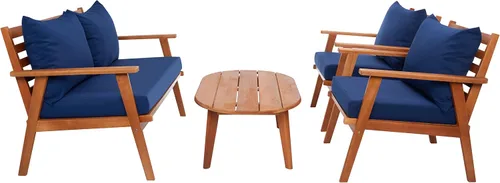 SAFAVIEH Deacon - Juego de conversación de 4 piezas para exteriores, marrón y azul marino, madera maciza, diseño costero de listones con cojines,