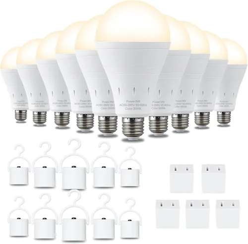 DEBAOBULB Paquete de 10 bombillas de emergencia recargables, bombilla LED alimentada por batería, 3000 K, cálida E26, 120 voltios, 9 W, 60 W, Blanco