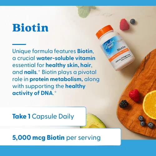 Miniatura 4 de Doctor's Best Suplemento vitamínico de biotina de 5000 mcg para hombres y mujeres, cápsulas de biotina para el crecimiento del cabello, piel y uñas