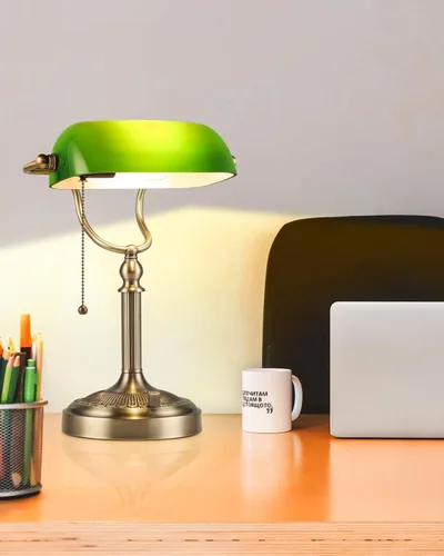 Miniatura 5 de Puerto de carga rápida USB Lámpara de escritorio de banqueros de vidrio verde y lámpara de escritorio de banqueros de vidrio regulable