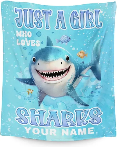 Miniatura 11 de Manta de tiburón personalizada con nombre, 30 x 40 pulgadas, lindas mantas de tiburón para niños y niñas, manta de felpa suave y mullida azul claro