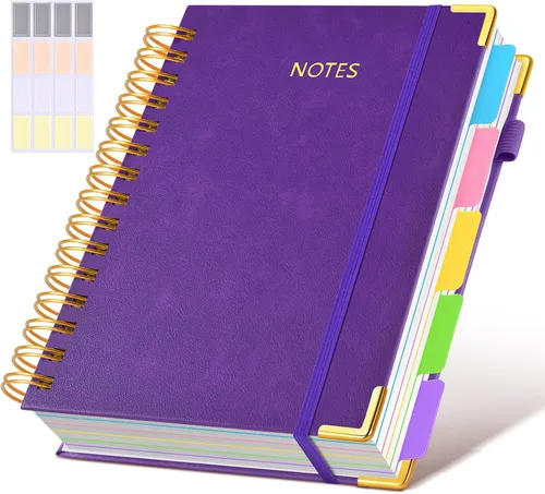 Miniatura 34 de Cuaderno universitario de espiral con tapa dura de cuero de 8 x 10 pulgadas, con pestañas separadoras extraíbles, para 5 materias, a rayas; diario