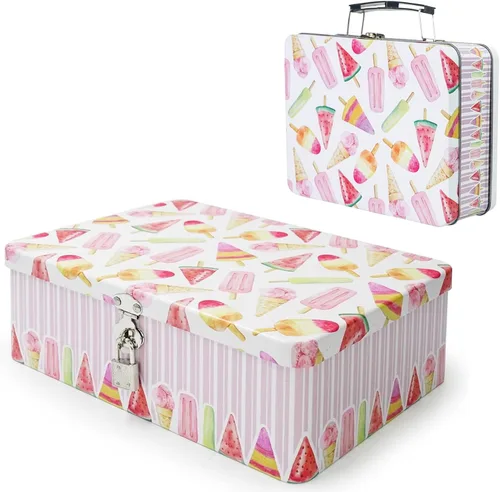 Miniatura 7 de Luwint Caja de almacenamiento decorativa, 12 pulgadas de largo x 9 pulgadas de ancho, estuche de metal para recuerdo con cerradura y llave y pequeña