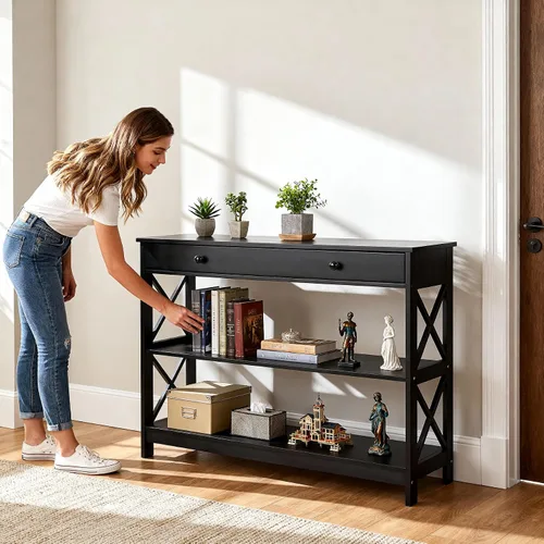 Miniatura 2 de SUPER DEAL Mesa consola estrecha de 39.5 pulgadas, mesa de entrada de 3 niveles, mesa auxiliar con cajón y estantes de almacenamiento para pasillo