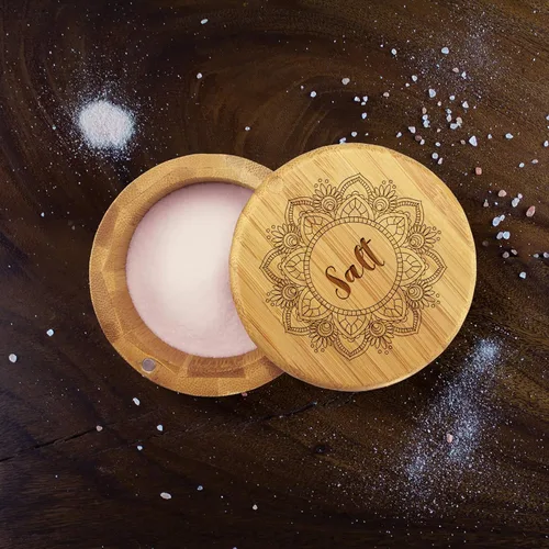 Miniatura 4 de Totally Bamboo Salero Caja de Almacenamiento de Bambú con Tapa Giratoria Magnética, Capacidad de 6 Onzas, Flor Mandala Grabada en la Tapa