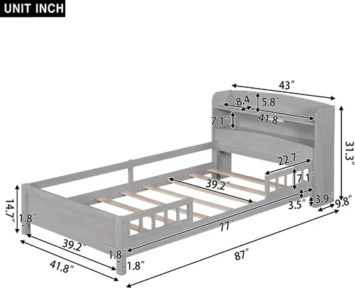 Miniatura 2 de VilroCaz Moderna cabecera de almacenamiento de cama de tamaño individual y barandilla de seguridad para niños, base de cama de plataforma de madera