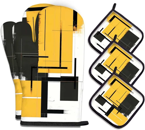 Miniatura 10 de MCALK Juego de 5 piezas de manoplas de horno geométricas grises y agarraderas, guantes de horno grises y almohadillas térmicas para cocinar