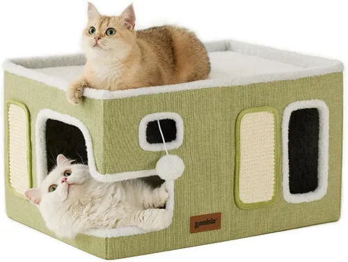 Miniatura 12 de ZOMISIA Casa Extra-Ancha para Gatos de Interior – Casa Grande para Gatos para Mascotas con Pompón Colgante y Almohadilla Rascadora, Refugio Plegable
