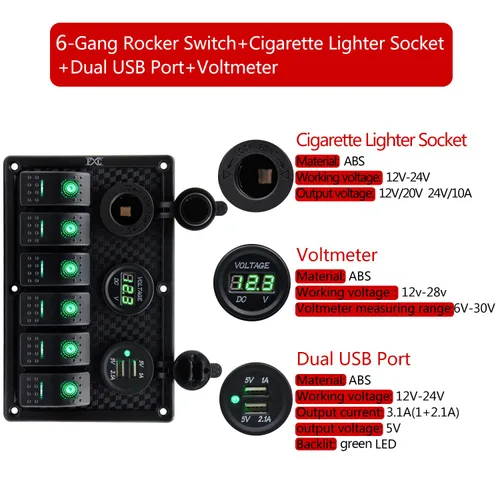 Miniatura 2 de Panel FXC impermeable, con ranura de doble puerto USB, fusibles de 4.2 A, visualización digital de voltaje, toma de encendedor y 4, 6 u 8 tipos