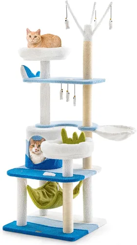 Miniatura 10 de Tangkula Árbol para gatos con temática oceánica, torre para gatos de 3 niveles con postes rascadores de sisal, condominio, perca, hamaca, juguetes