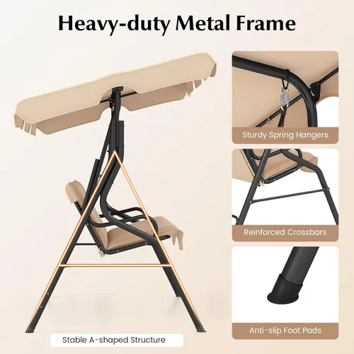 Miniatura 7 de RELAX4LIFE Silla columpio para porche para 3 personas, columpio para exteriores con toldo ajustable, cojín extraíble y soporte de marco de metal
