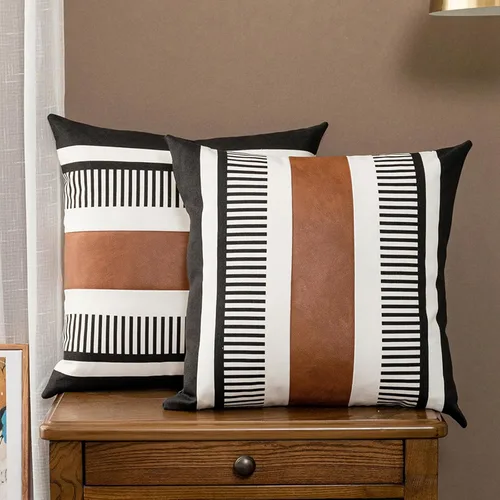 Miniatura 22 de Funda de almohada bohemia de color blanco y negro con piel, funda de cojín moderna de 22 x 22 pulgadas, funda de almohada de rayas estilo campestre