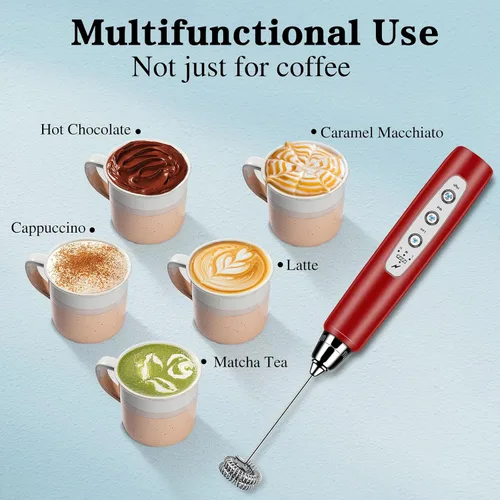 Miniatura 7 de Espumador de leche de mano con soporte, batidor eléctrico de 3 velocidades ajustables, mezclador de bebidas con batidor de acero inoxidable 3, Rojo