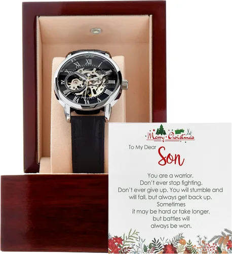 Reloj calado para hombre con tarjeta de mensaje especial para nuestro hijo regalos de mamá y papá You Are A Warrior Luxury Watch Gift Him regalo de