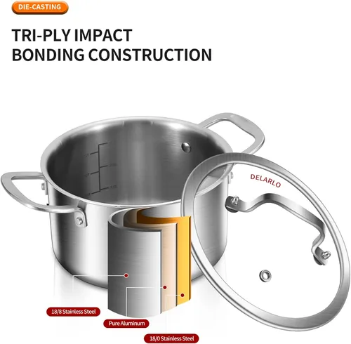 Miniatura 3 de DELARLO Olla de acero inoxidable de tres capas con tapa de 3.5 cuartos de galón, olla de cocina de grado alimenticio, olla de sopa duradera con tapa