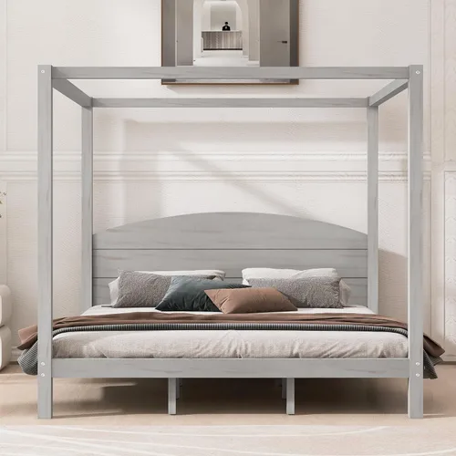 Miniatura 3 de Linique Cama de plataforma tamaño King con cabecera y patas de soporte, marco de cama King de madera con cuatro pósteres, no requiere somier, gris