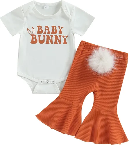 Lamuusaa Traje de Pascua para bebé recién nacido, manga corta, mameluco de conejito para bebé, pantalones acampanados, parte inferior acampanada con