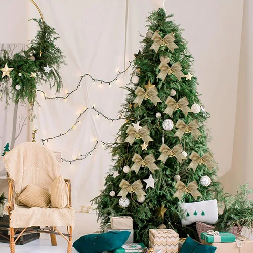 Miniatura 5 de Meseey 12 piezas de lazos de Navidad con campana, lazos de 4 pulgadas de oro metálico con purpurina para regalos, lazos prehechos con lazo