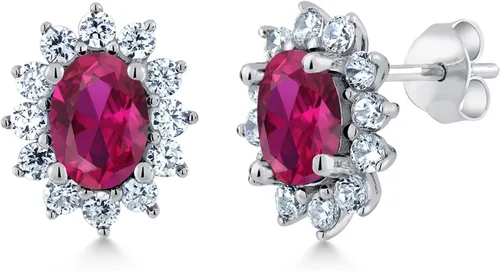 Miniatura 106 de Gem Stone King Aretes ovalados de plata de ley 925 de 0.276 x 0.197 in con piedra natal de la princesa Diana, estilo halo real para mujeres