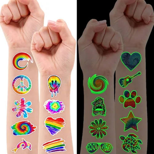 Miniatura 2 de 96 piezas de tatuajes temporales luminosos precortados con teñido anudado que brillan en la oscuridad, suministros de fiesta temática de cumpleaños