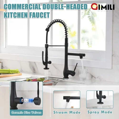Miniatura 3 de GIMILI Grifo de cocina negro mate con rociador extraíble de una sola manija grifo de fregadero de cocina de alta presión grifos de cocina