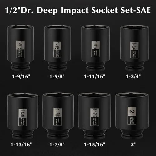 Miniatura 2 de EMENTOL 8PCS Juego de llaves de impacto para tuerca de eje de husillo de 1/2 pulgada, CR-MO, 6 puntos, SAE, juego de llaves de impacto profundo