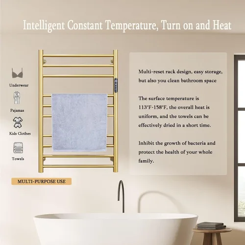 Miniatura 4 de Calentador de toallas eléctrico dorado, toallero calentado de pie y montado en la pared para baño, radiador de acero inoxidable 304, calentador