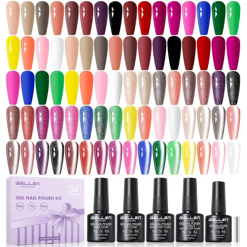 Gellen HEMA TMPTA TPO - Juego de 24 esmaltes de uñas de gel, 20 colores de esmalte de gel con capa base y capa superior mate brillante de ojo de