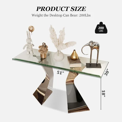 Mesa consola plateada, mesa consola de cristal de 51 pulgadas, mesa de entrada moderna con patas de acero inoxidable espejadas, mesa de sofá para