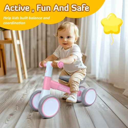 Miniatura 2 de INFANZIA Bicicleta de equilibrio para bebés de 12 a 36 meses, 1 año de edad, primera bicicleta sin pedal con asiento ajustable, 4 ruedas para bebés