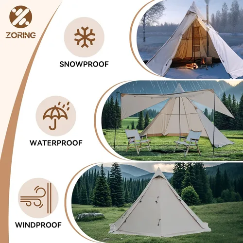 Miniatura 6 de Hot Tent with Stove Jack, 4 Season 3-4 Person Tipi Tent for Camping, 8.2ft Standing Room with Snow Skirt, Cold Weather Shelter for Family Fishing