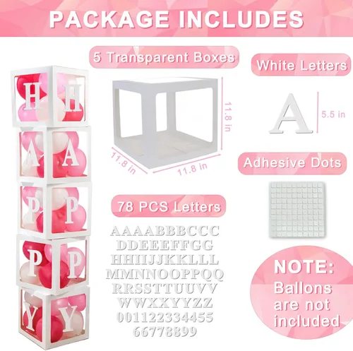 Miniatura 2 de Cajas de globos transparentes de color blanco, cajas de bebé transparentes con 78 letras para nombre personalizado, bloques de cajas de globos