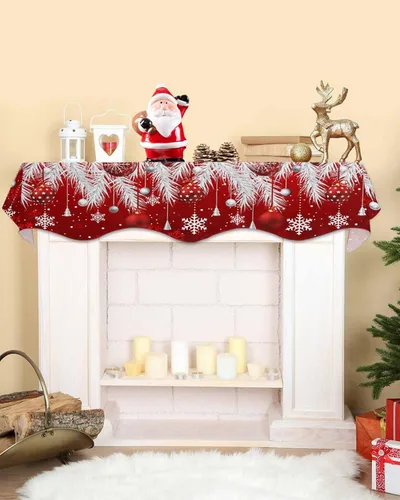 Miniatura 2 de Bufanda roja de Navidad para chimenea, decoraciones para repisa de chimenea, bolas de Navidad, copo de nieve, hojas de pino plateadas, cubierta