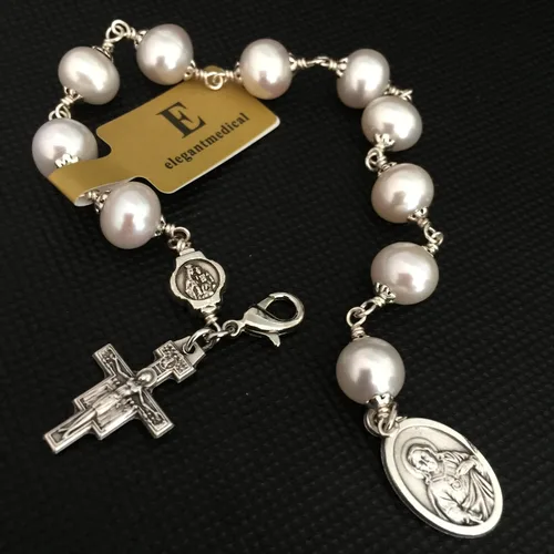 Miniatura 5 de elegantmedical HECHO A MANO Alambre De Plata Envoltura Perla ROSARIO PULSERA CRUZ CATÓLICA, Cobre