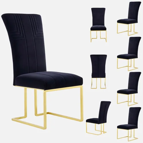 Miniatura 14 de AUZ Juego de 6 sillas de comedor negras y doradas, sillas tapizadas de terciopelo negro con patas de trineo de acero inoxidable pulido, sillas