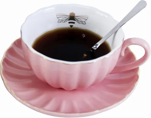 YBK Tech Strengthen - Juego de tazas y platillos de porcelana, taza de 9 onzas con platillo, abeja dorada dentro de la taza (rosa)